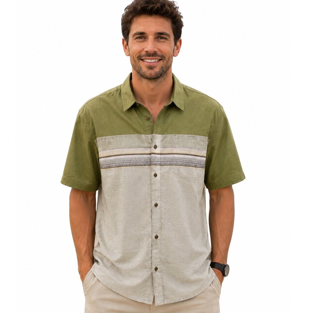 Prana Camino Camp Shirt Mens Size XL Green Striped Cotton Casual Button Down